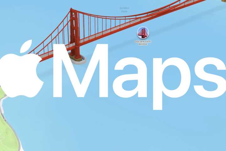 The Apple Maps logo over an image of the Golden Gate Bridge