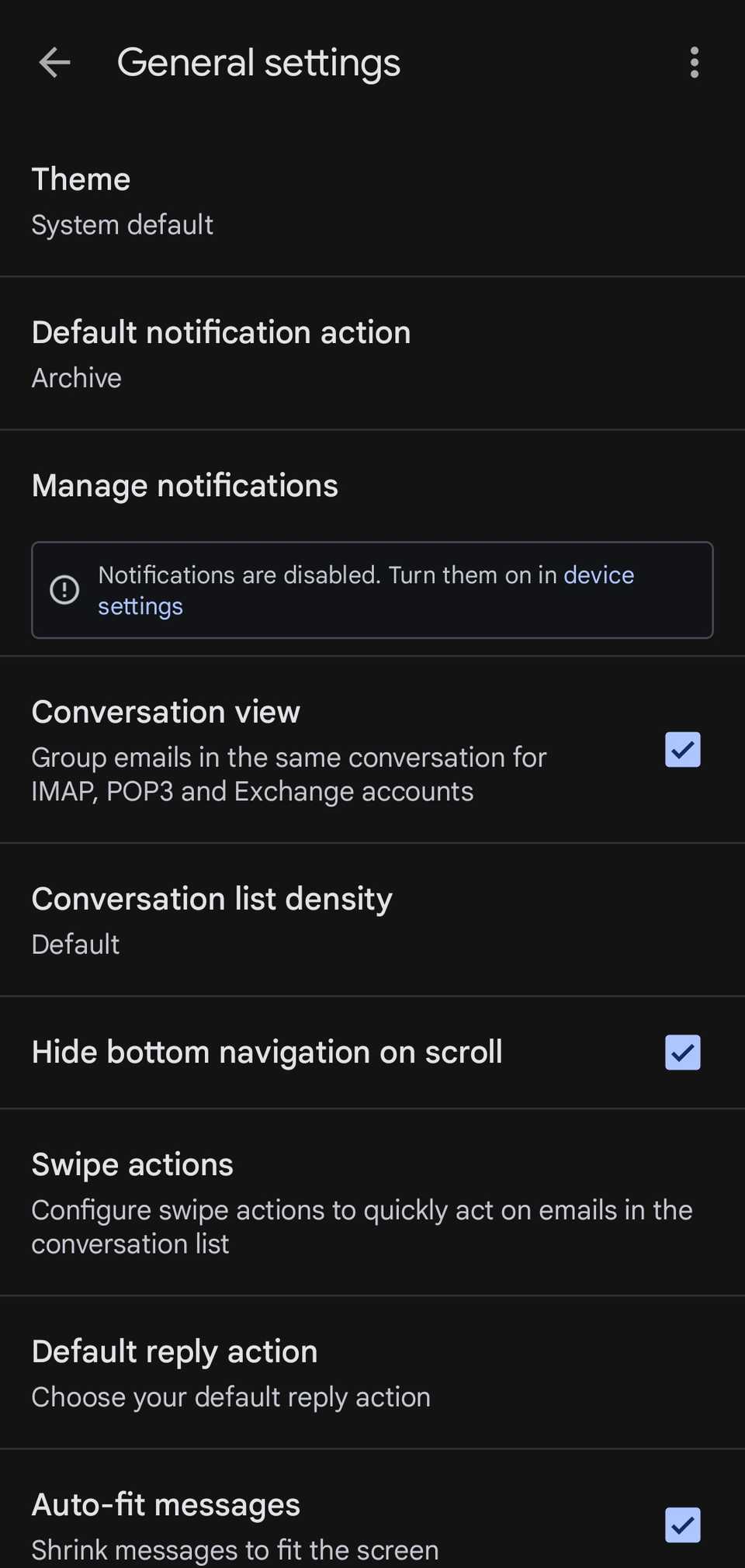 Gmail's General settings page