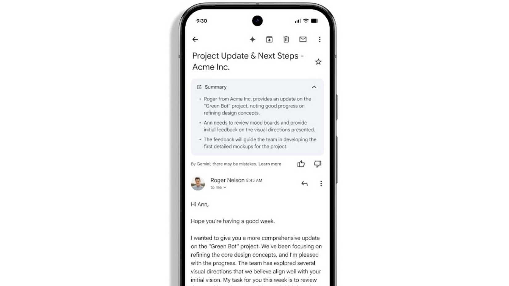 Gmail summaries from Gemini on a smartphone