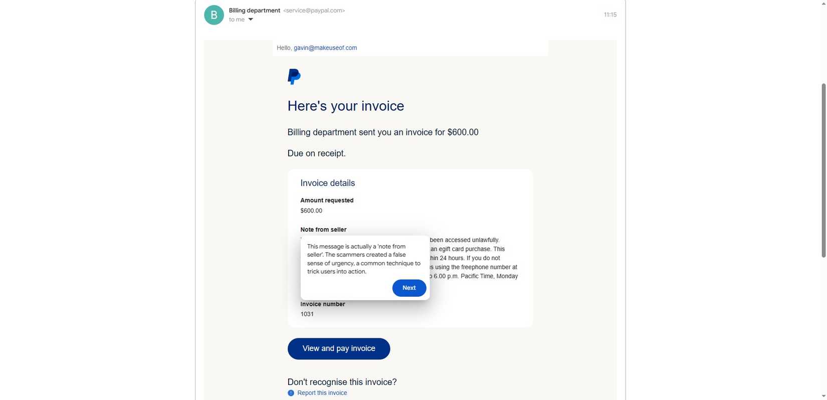 google phishing quiz example paypal scam.