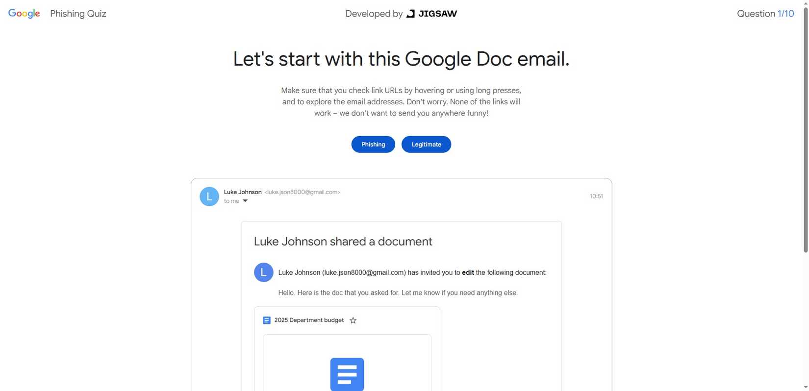 google phishing quiz example.