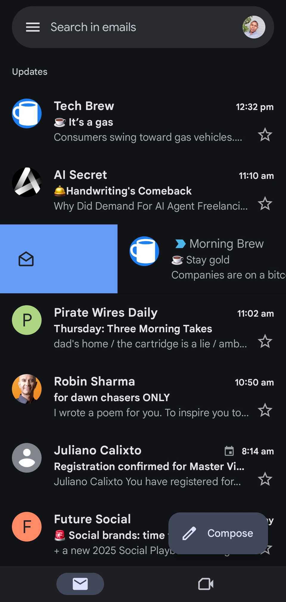 Left swipe action on gmail