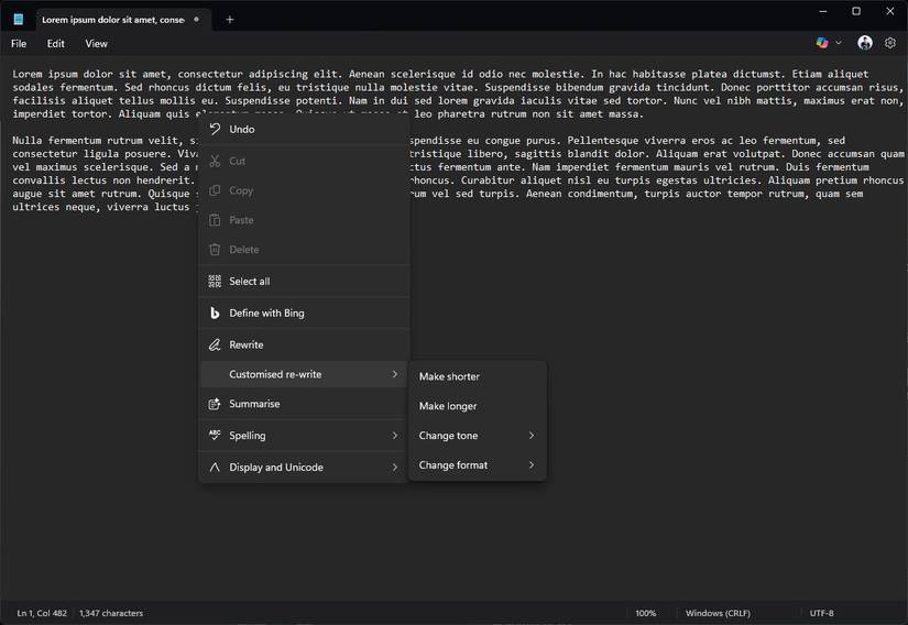 Notepad showing Copilot AI features