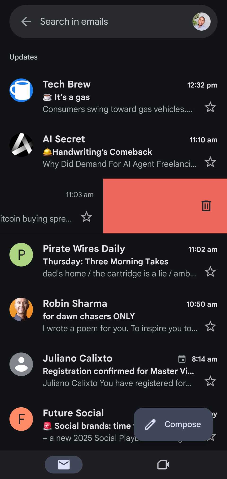 Right swipe action on gmail