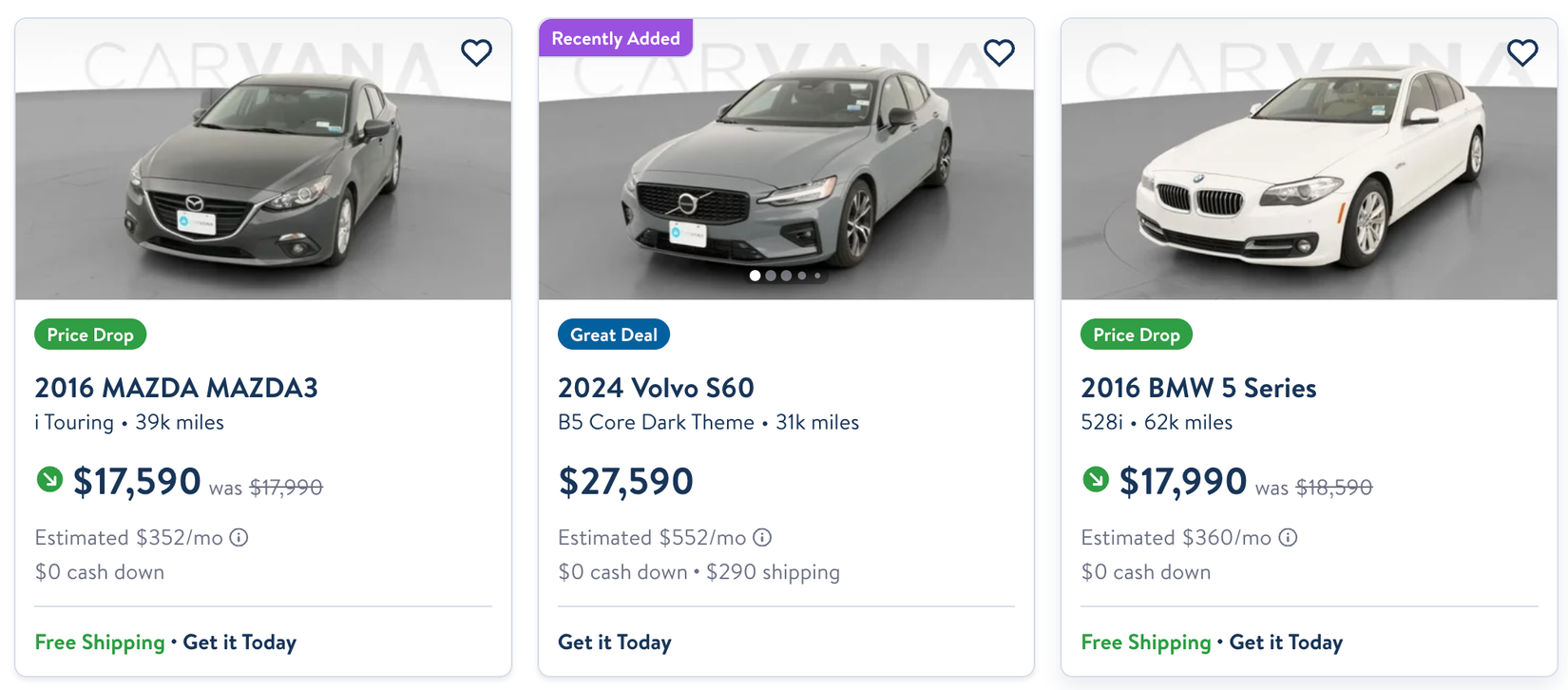 Car listings on Carvana.