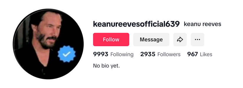 A fake profile for Keanu Reeves with a blue checkmark added in.