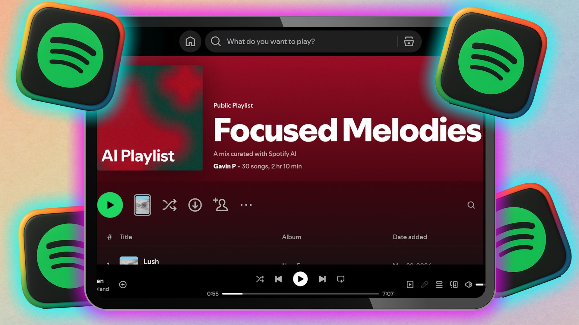 spotify ai playlist on tablet screen with spotify logos.
