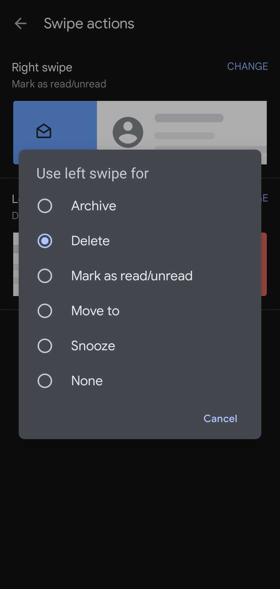 Swipe actions configuration page