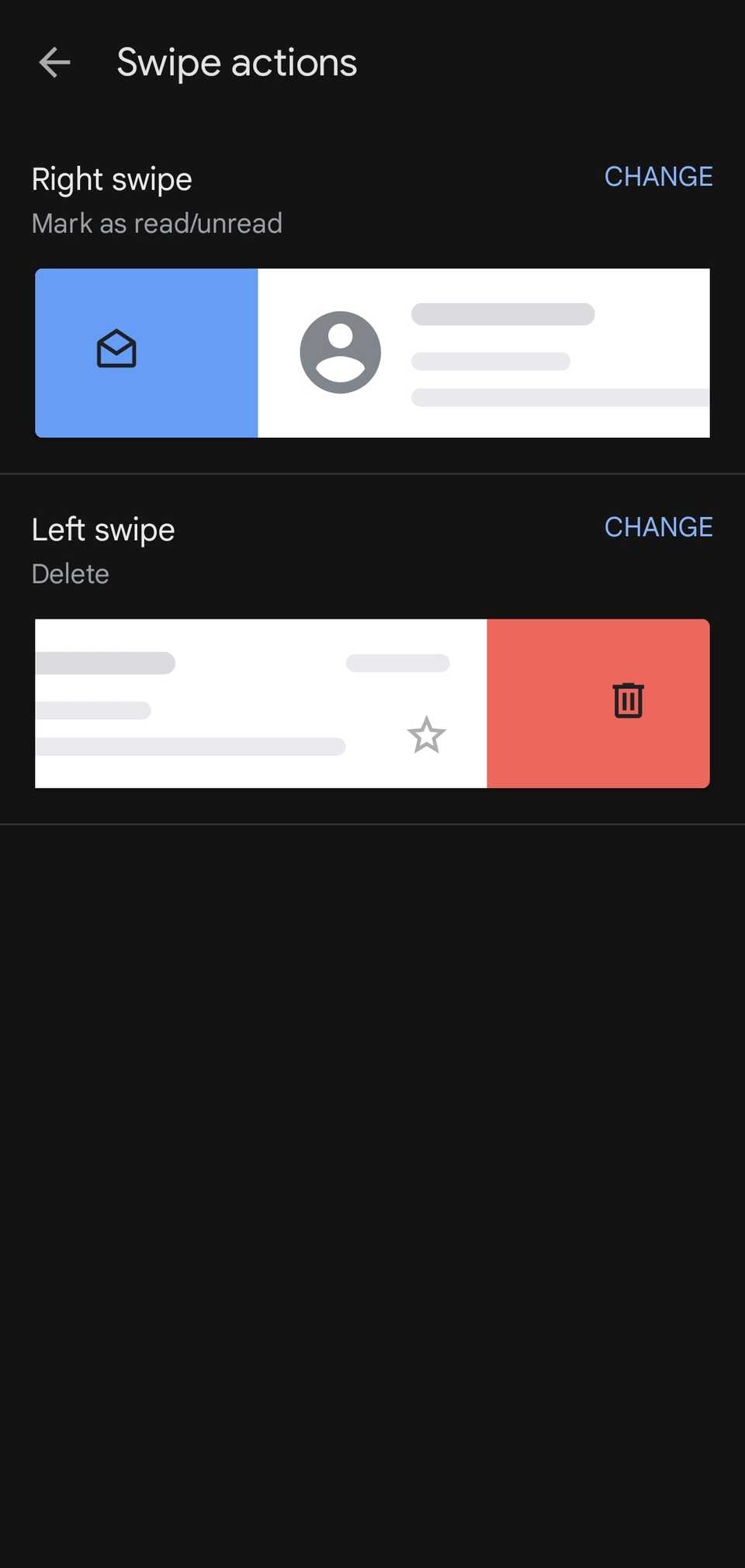 Swipe actions page in Gmail settings