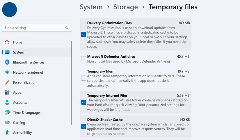 Temporary files in Windows 11 Settings app