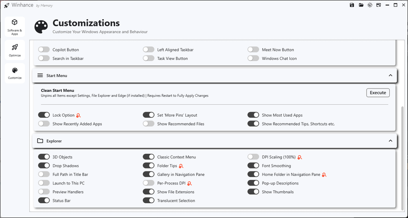 the customization section on the Winhance tool in Windows 11