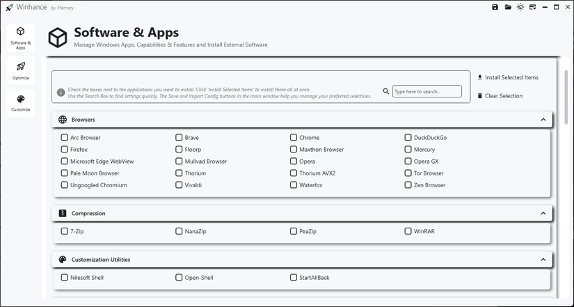 The external software section in Winhance on Windows 11
