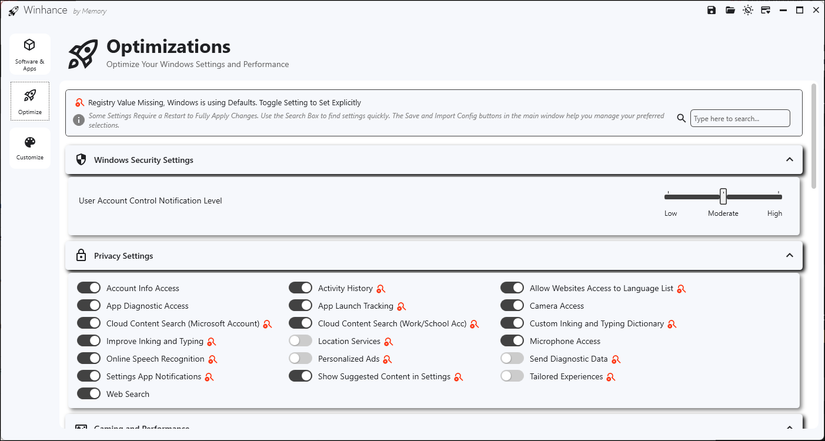 the optimization section in the winhance tool on Windows 11