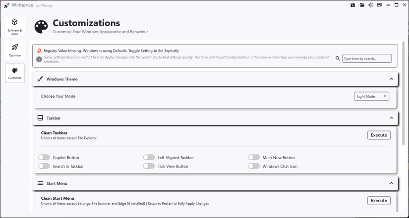 The customization section on the Winhance tool in Windows 11