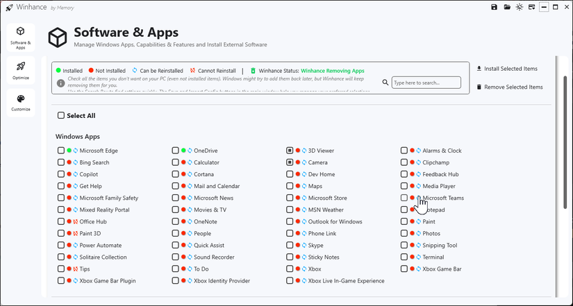 Software and Apps section open in the Winhance tool on Windows 11