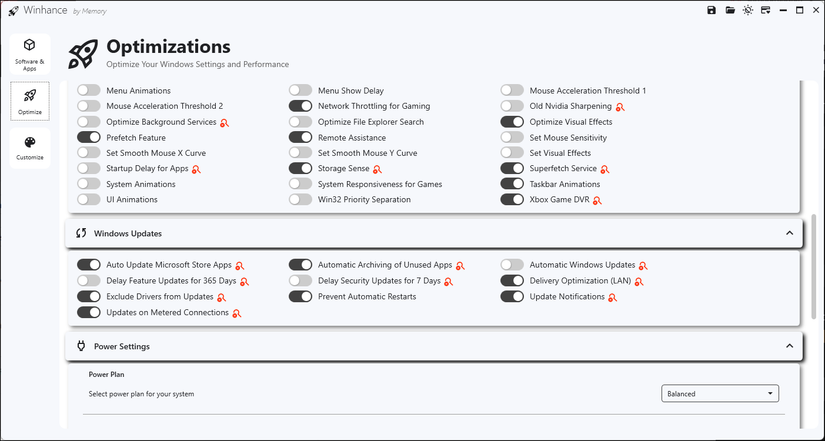 The Windows update settings section on the winhnace tool in Windows 11