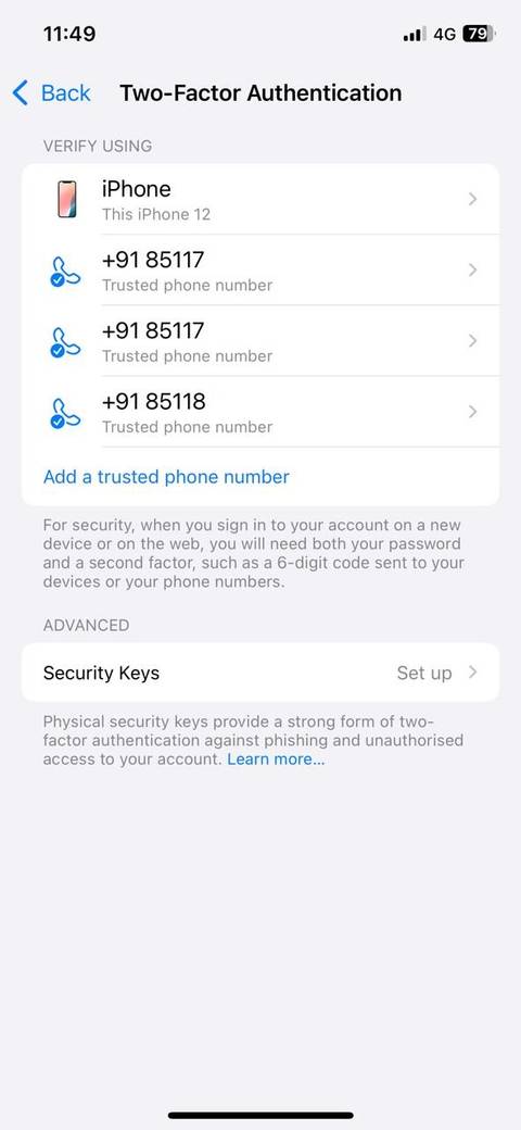 2FA settings on iPhone