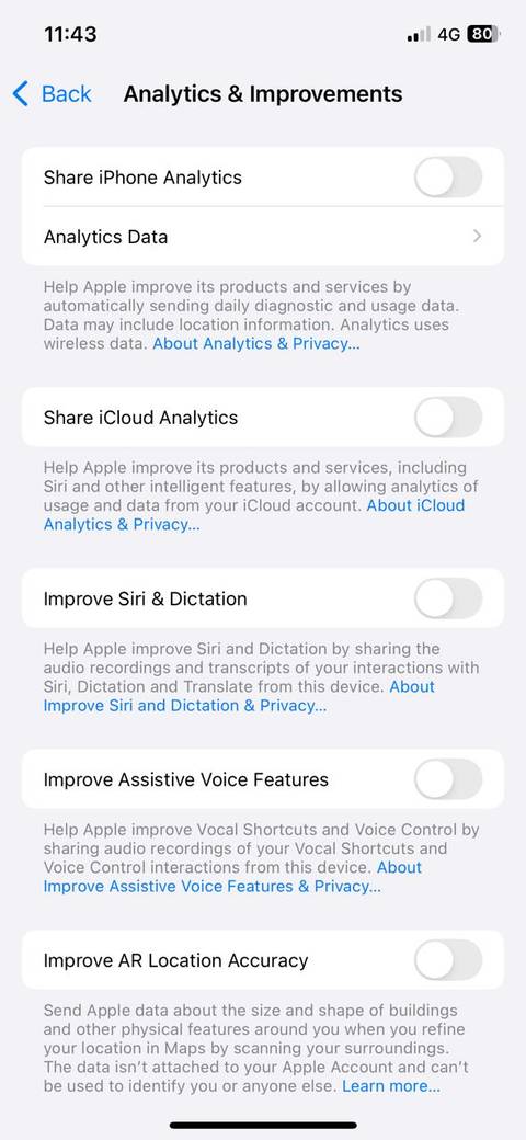 Analytics menu on iPhone