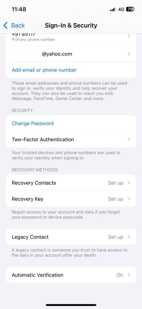 Apple account 2FA settings on iPhone