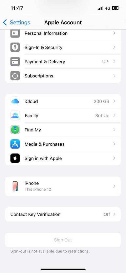Apple account settings on iPhone
