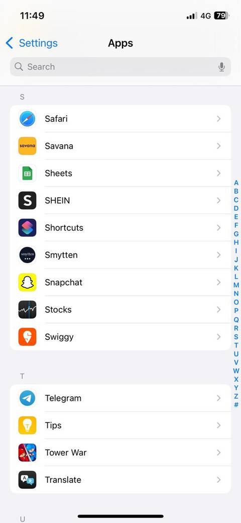 Apps menu on iPhone
