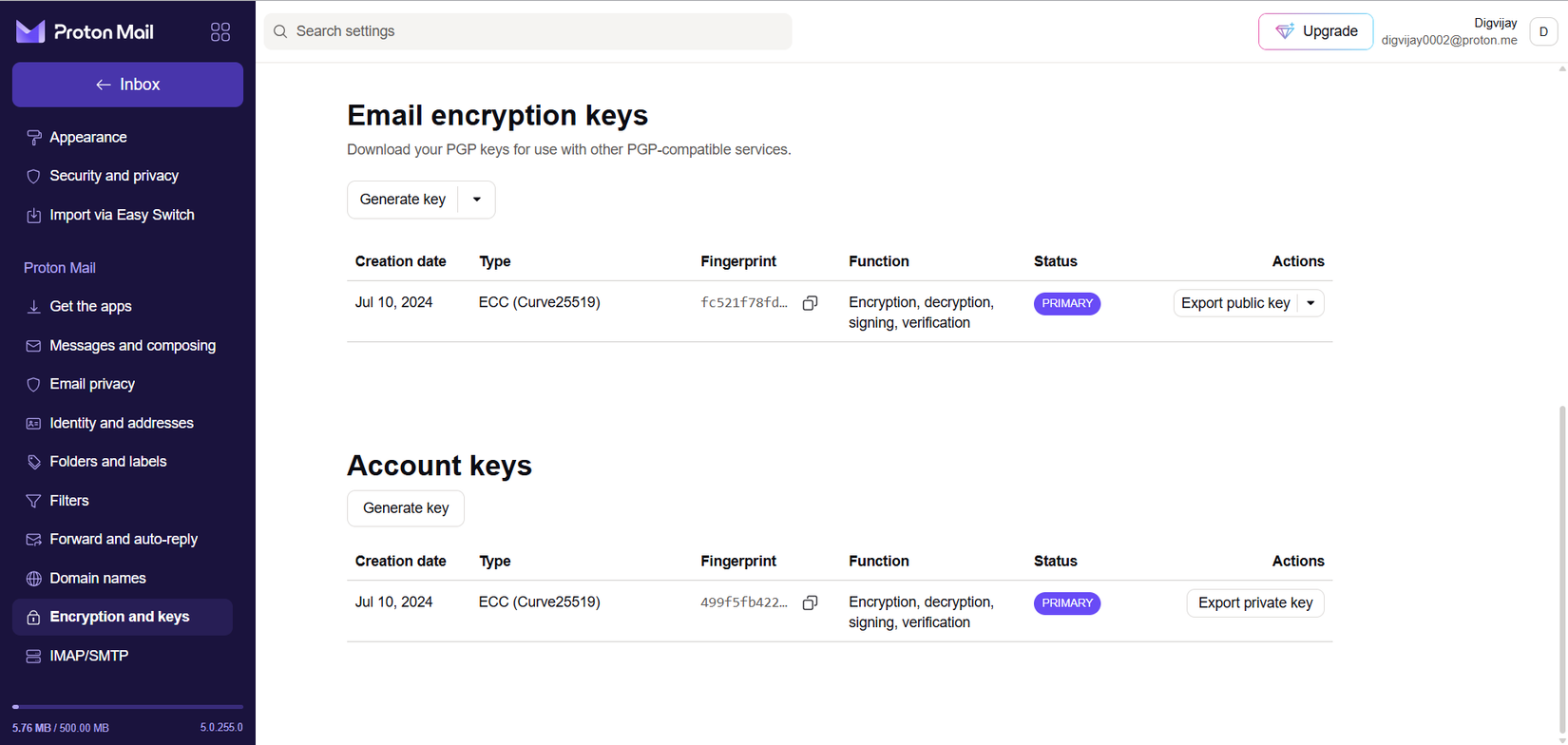 Email encryption keys in Proton Mail