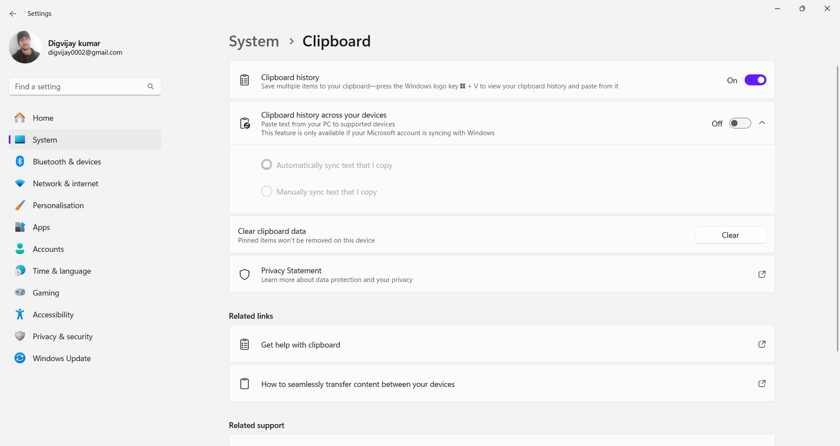 Enabling Clipboard history in Settings menu