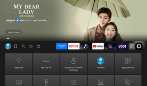 Fire TV home screen with settings icon selected