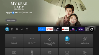 Fire TV home screen with settings icon selected