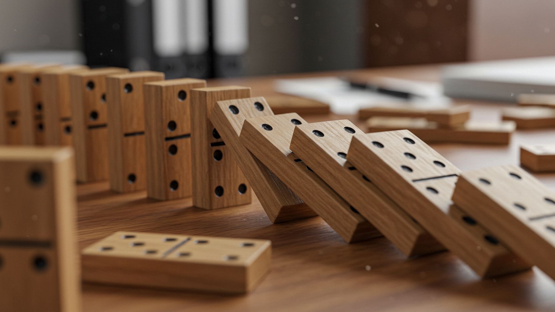Wooden dominos on a desk