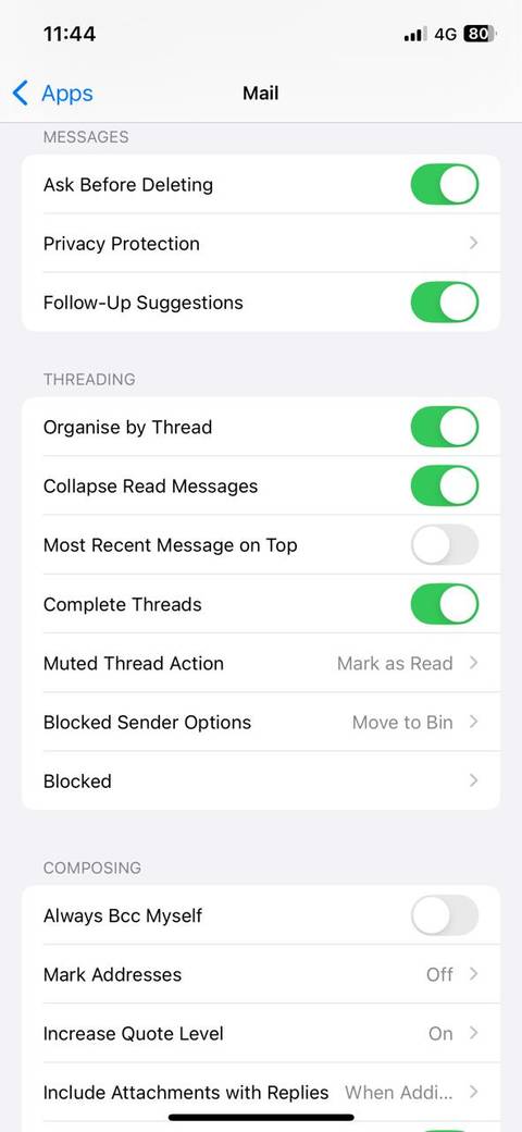 Mail app settings on iPhone