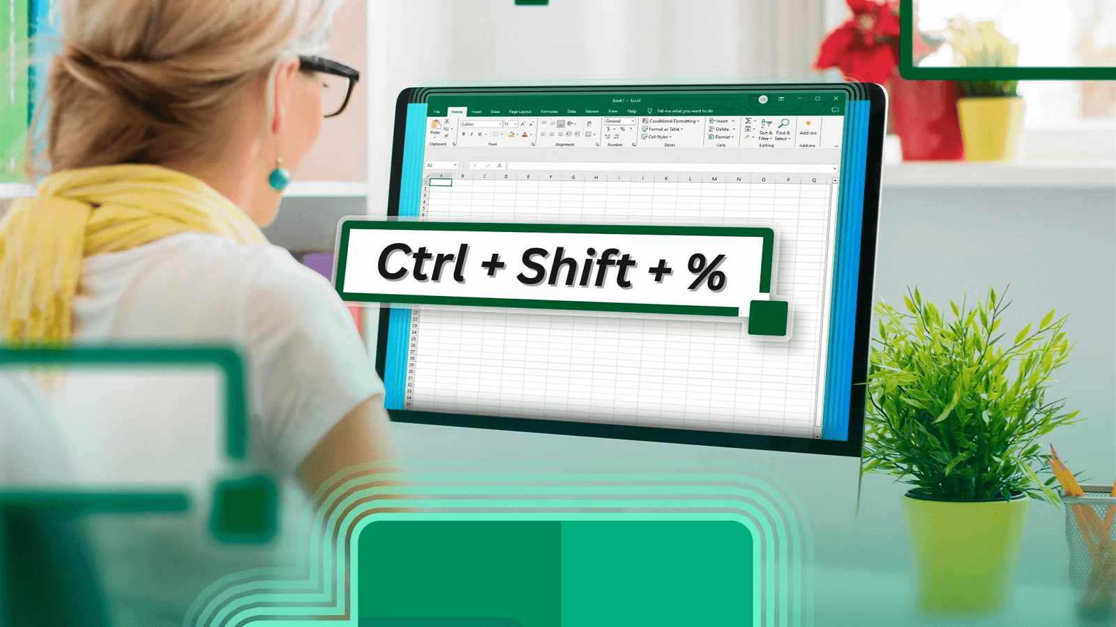 a woman using excel on her pc with a shortcut in front.
