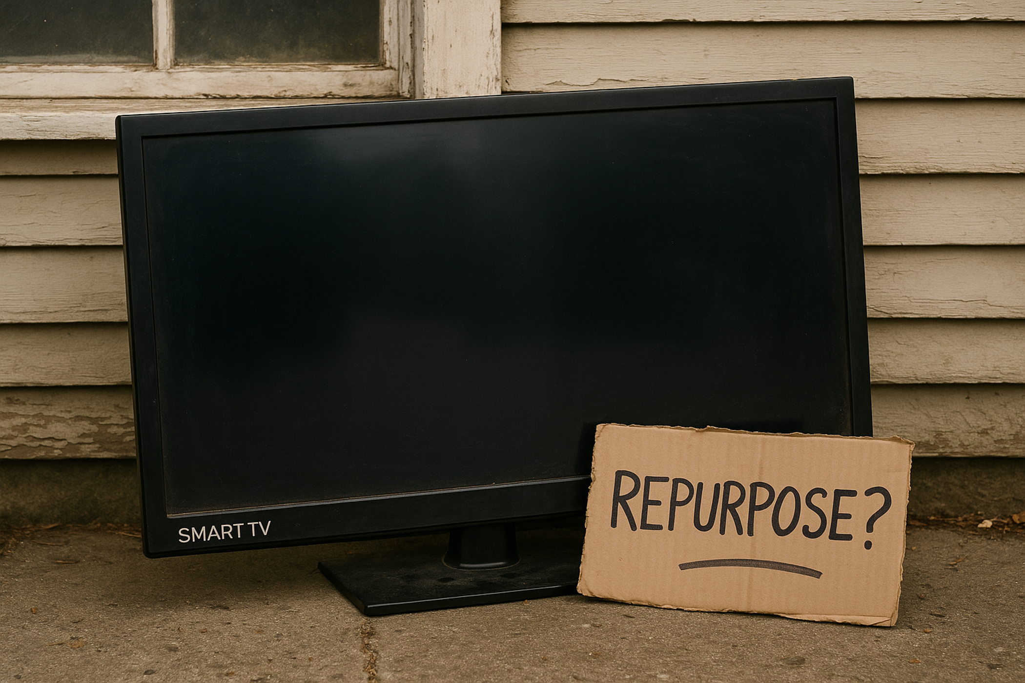 An old smart TV leans against a worn wall beside a cardboard sign that reads 