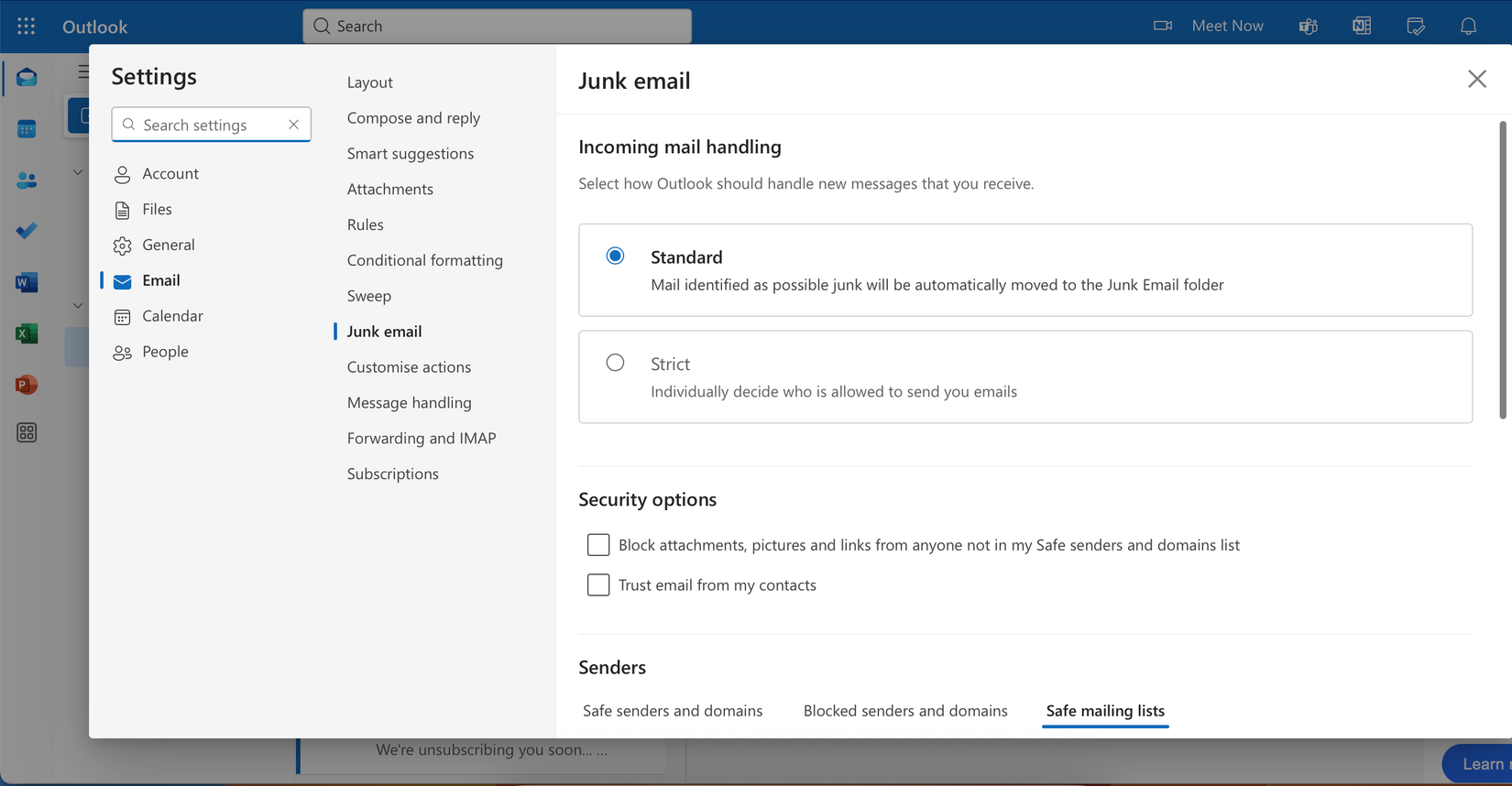 Enabling strict settings in the Outlook app