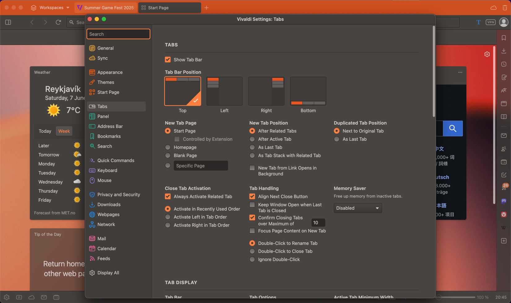 Vivaldi Settings screen showing different Tab Settings options