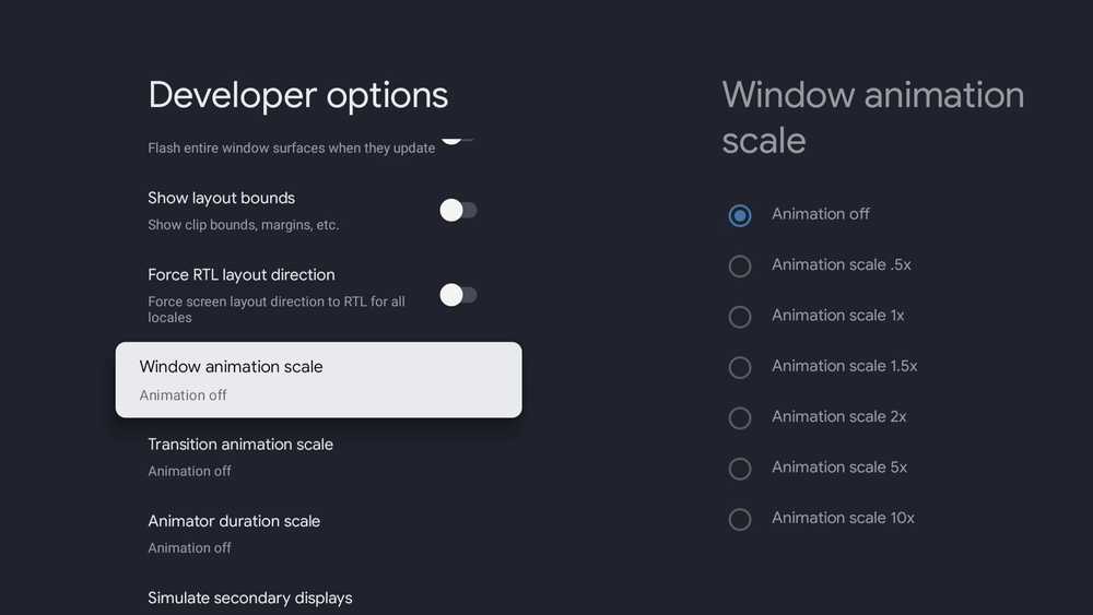 Изменение шкалы анимации окон Настройка шкалы анимации окна в Google TV