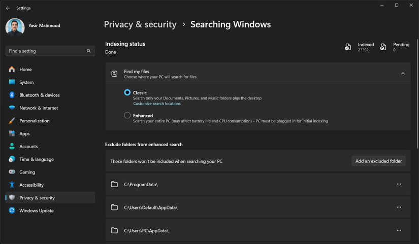 Opciones de indexación de búsqueda de Windows en la configuración de Windows