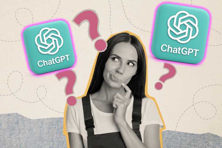 woman with question marks and chatgpt logos.