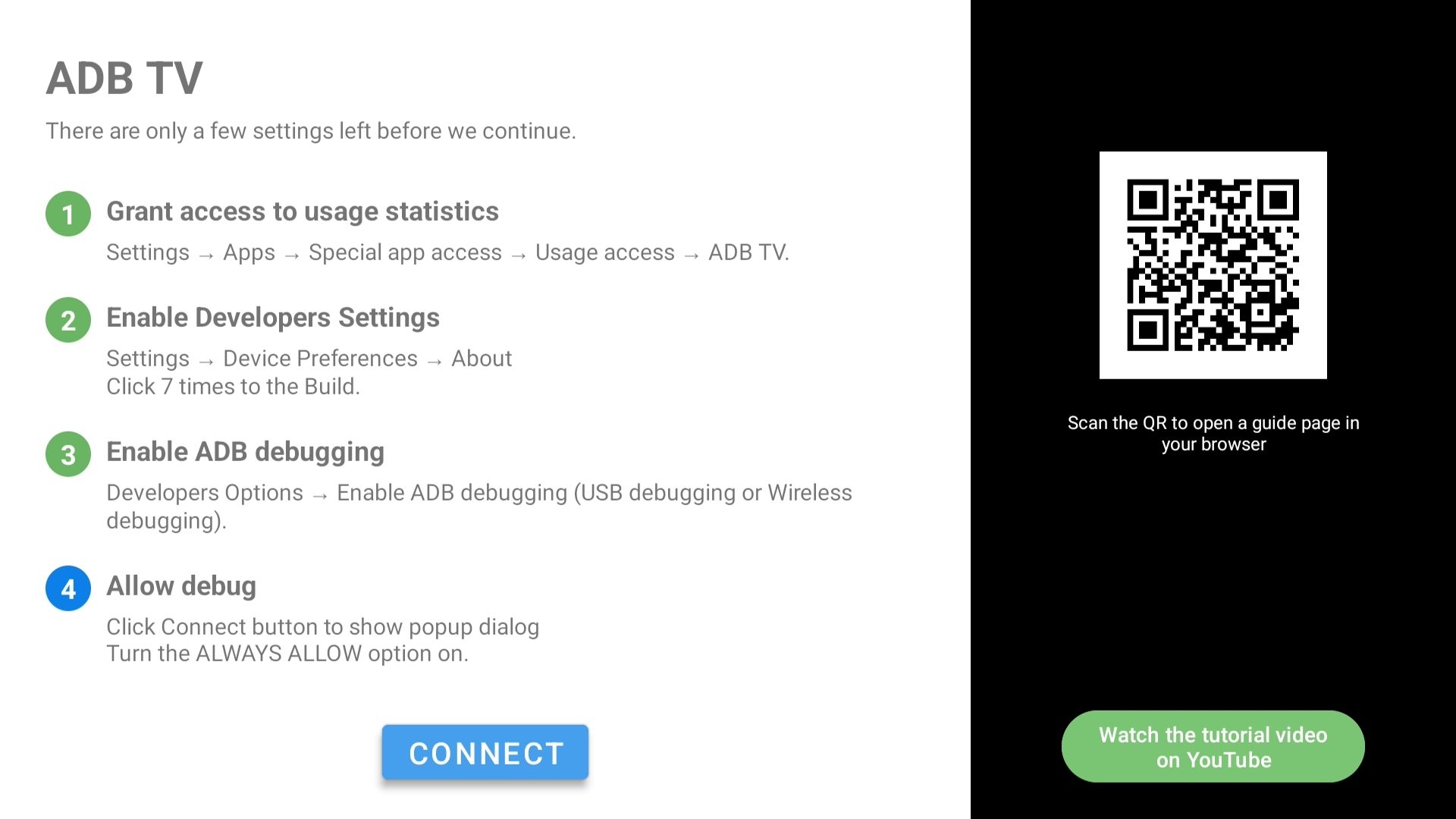 Страница настройки приложения ADB TV на Google TV