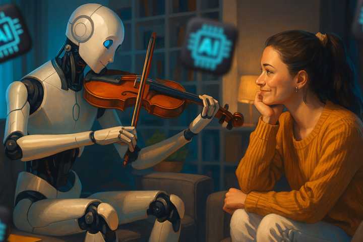 ai robot playing music to woman in living room.
