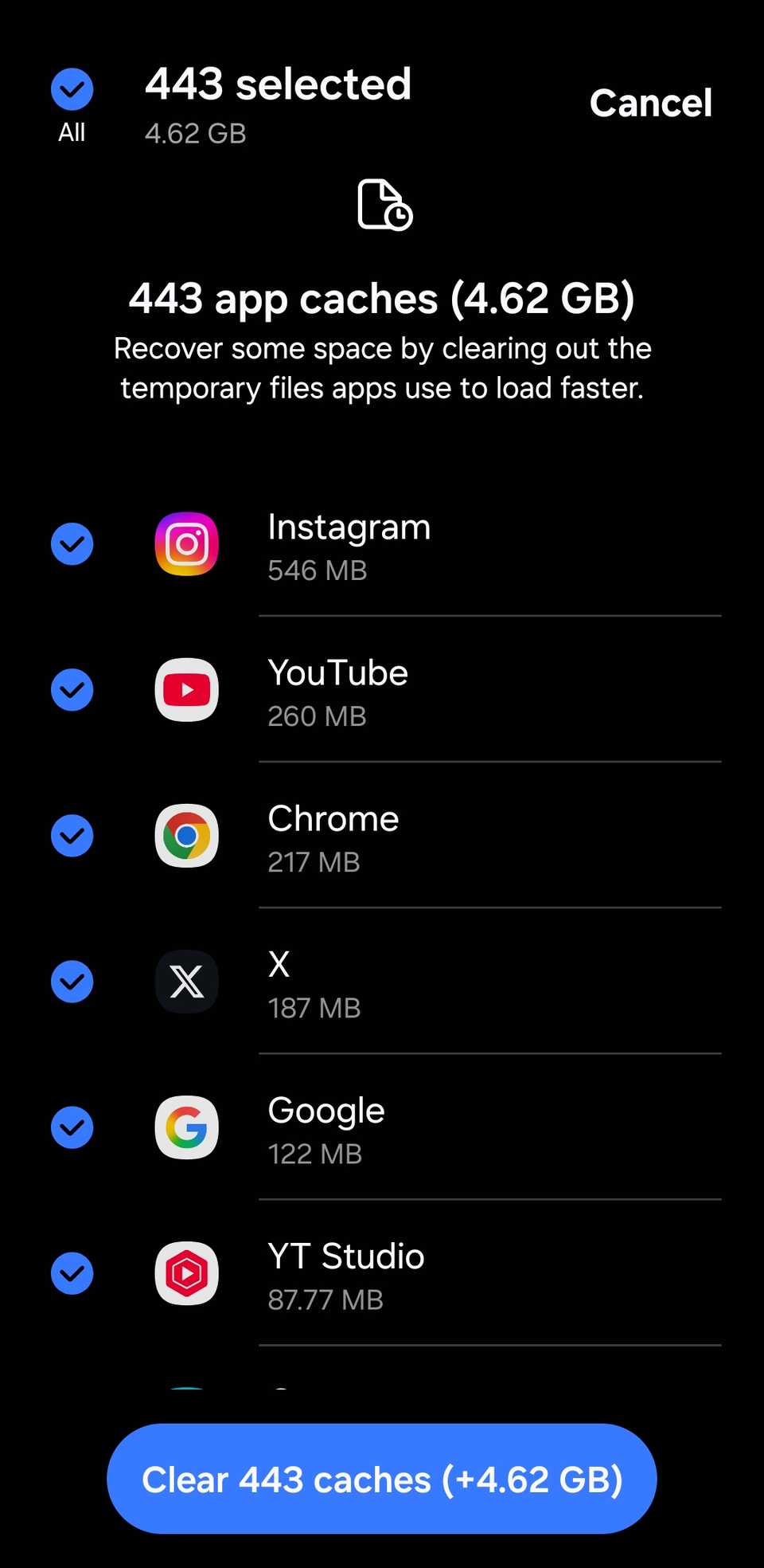 App cache menu on Samsung phone