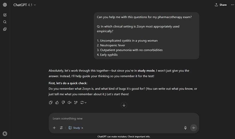 Asking ChatGPT's study mode a pharma question