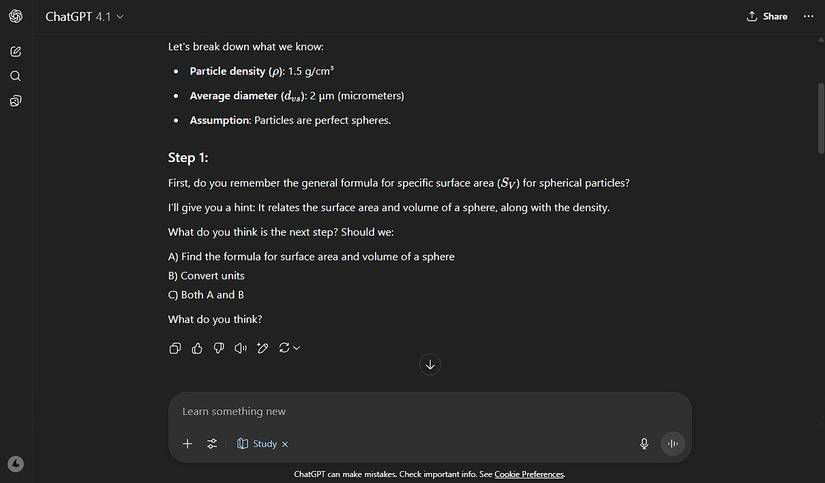 Asking ChatGPT's study mode to solve a problem