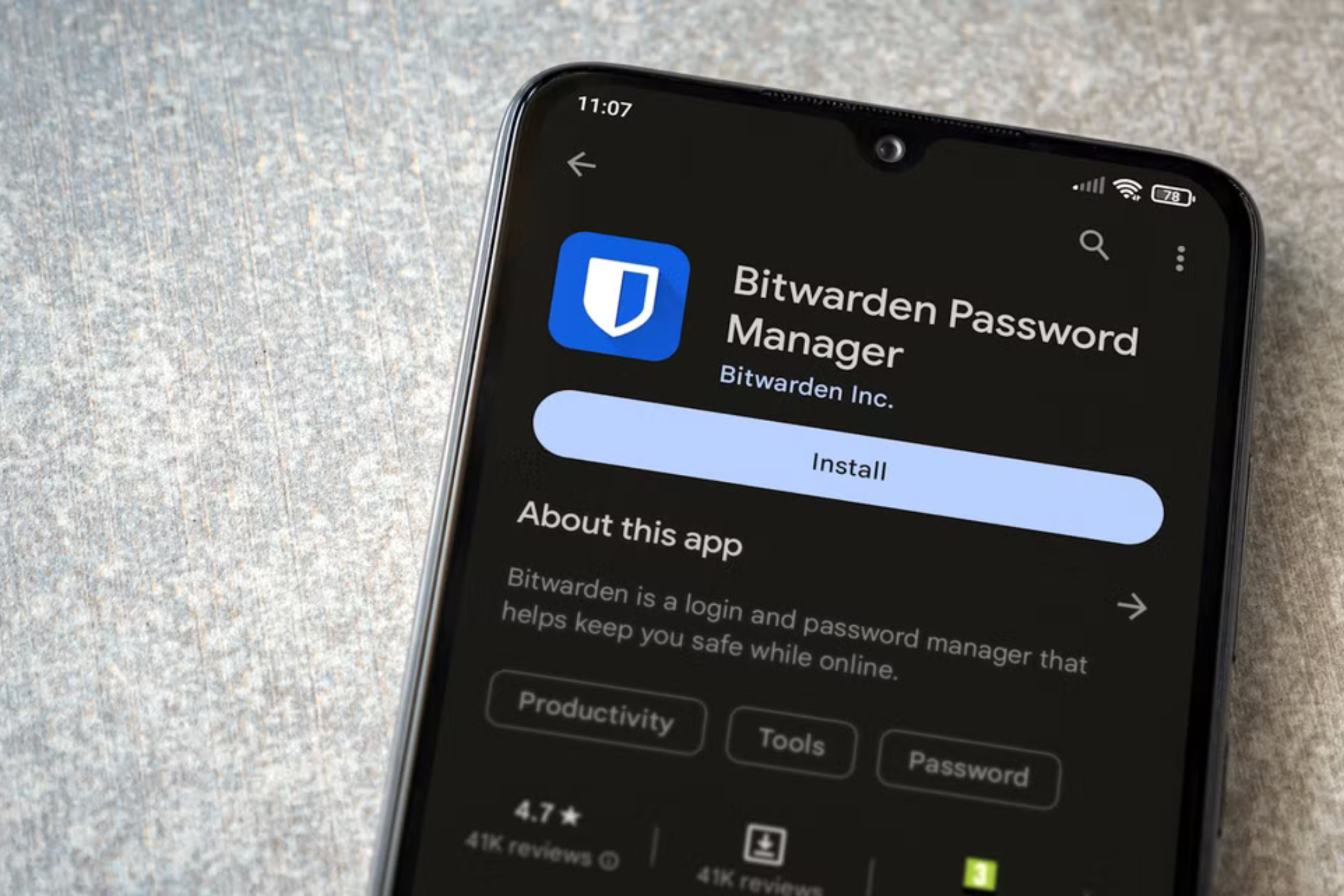 bitwarden password manager install page on smartphone screen