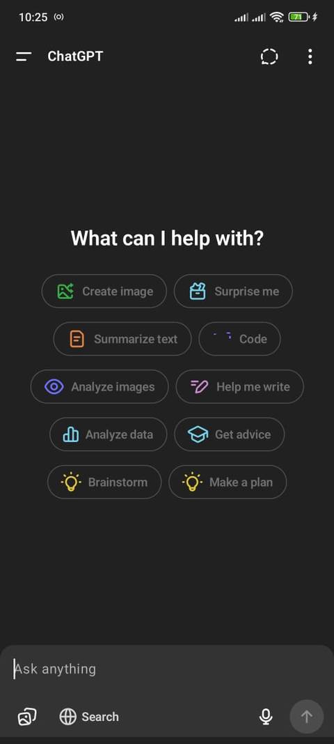 ChatGPT new chat in mobile app with action buttons.