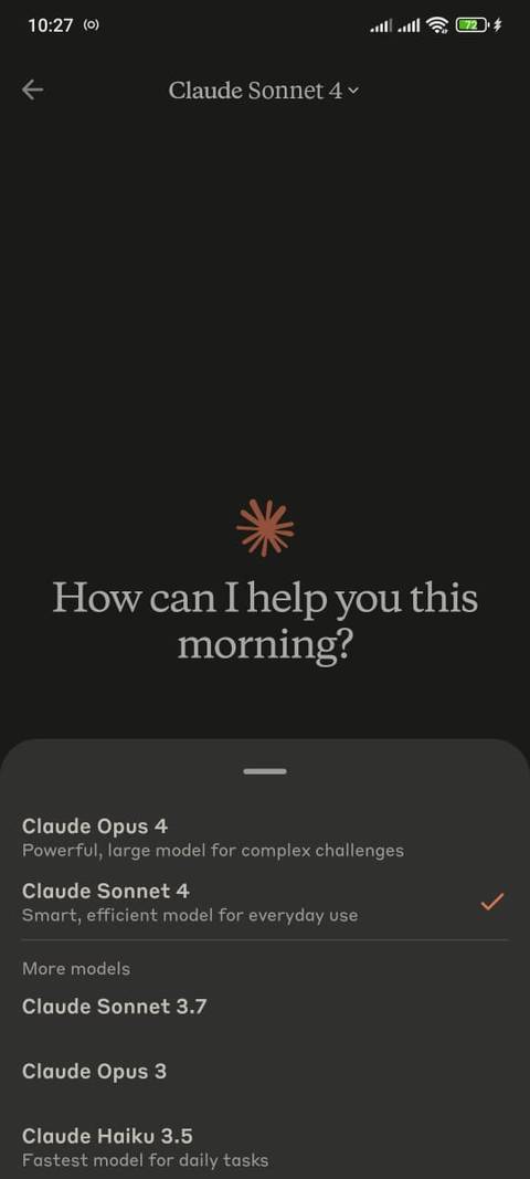 Claude model selection list in mobile app.