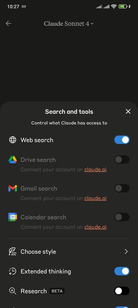 Claude search and tools option in mobile app.
