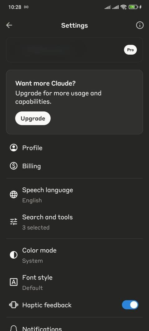 Claude settings in mobile app.