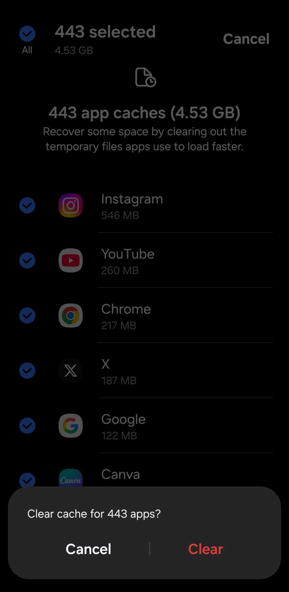 Clear all app cache on Samsung phone