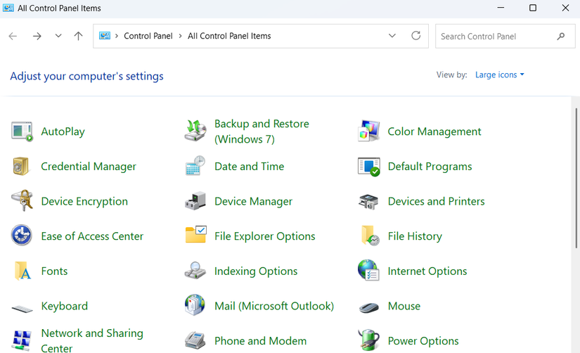 Control Panel window showing all items in Windows 11